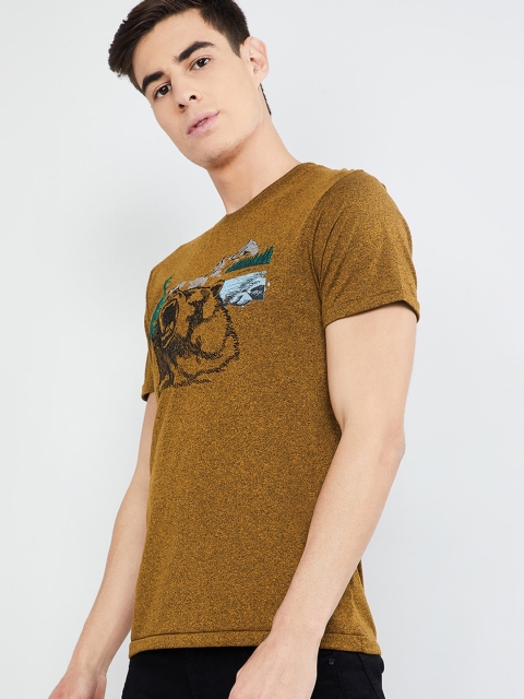 

max Men Mustard Yellow Printed Round Neck T-shirt