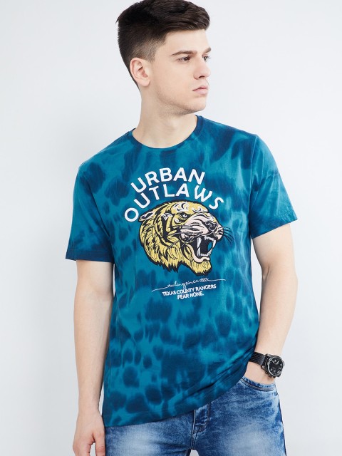 

max Men Blue Printed Round Neck T-shirt