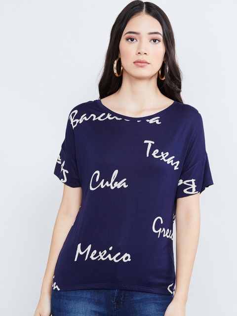 

max Women Navy Blue & Beige Printed Round Neck T-shirt