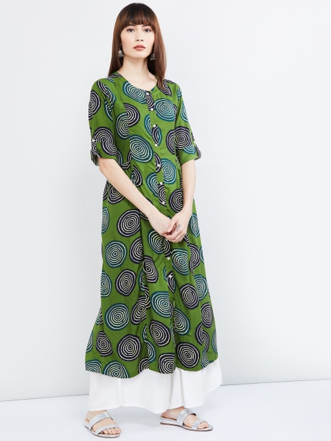 

max Women Green & Navy Blue Printed A-Line Kurta