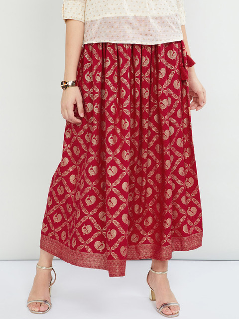 

max Women Red & Gold-Coloured Printed Flared Maxi Skirt