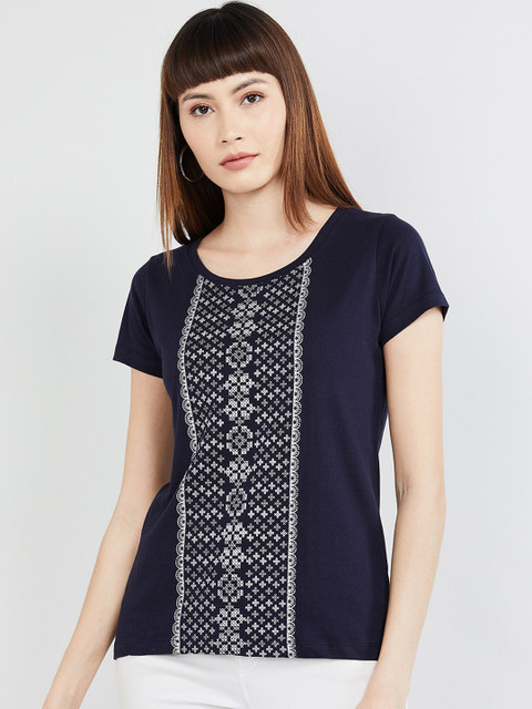 

max Women Navy Blue Printed Round Neck T-shirt