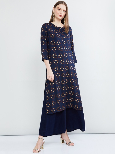 

max Women Navy Blue & Brown Printed A-Line Kurta