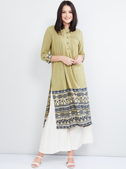 

max Women Green Striped A-Line Kurta