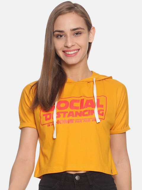 

Campus Sutra Women Mustard Yellow & Pink Printed Crop Hood Top