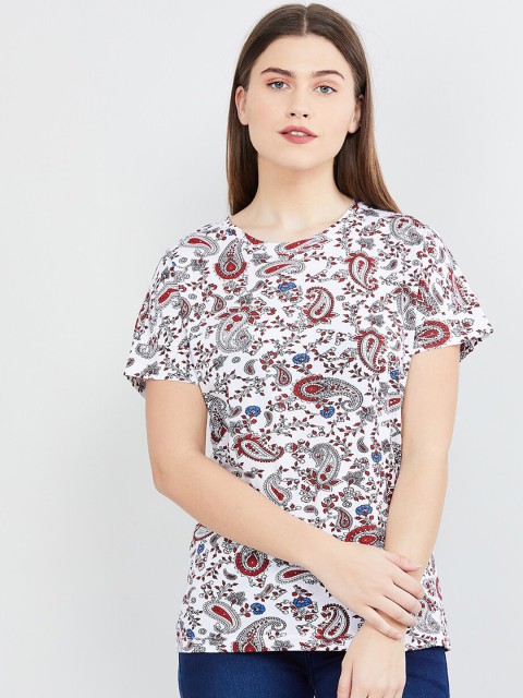 

max Women White & Red Printed Round Neck T-shirt