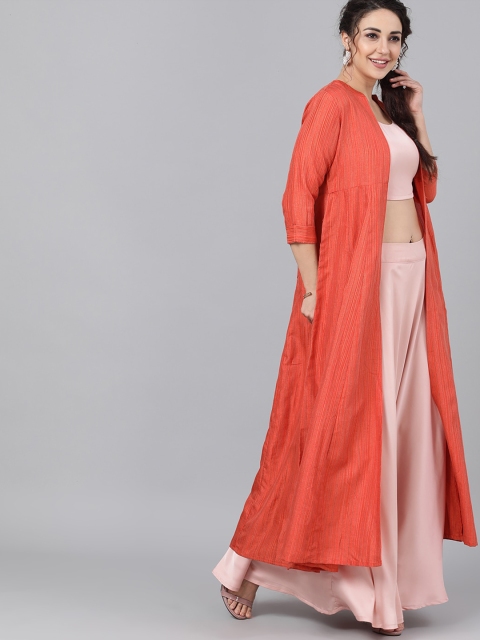 

AKS Couture Women Orange Self Design Open Front Longline Shrug