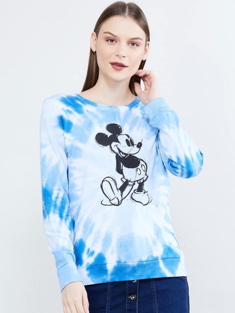 

max Women White & Blue Dyed Mickey Mouse Print Round Neck T-shirt