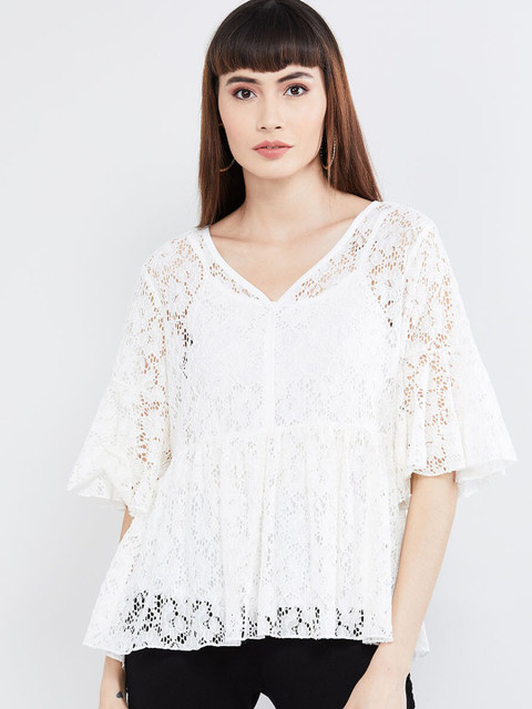 

max Women White Self Design Cinched Waist Top