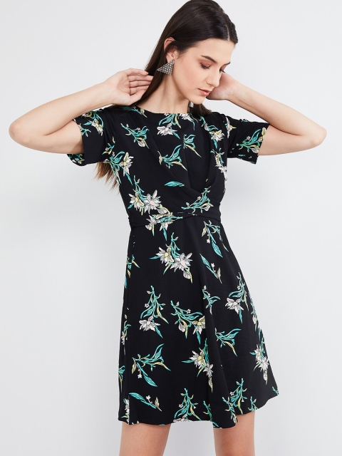 

max Women Black Floral Printed Fit and Flare Dress