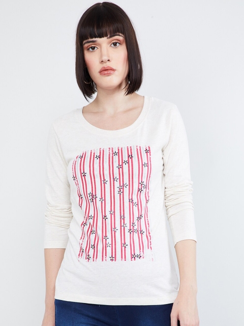 

max Women Off-White Printed Round Neck T-shirt