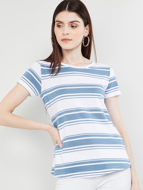

max Women White & Blue Striped T-shirt