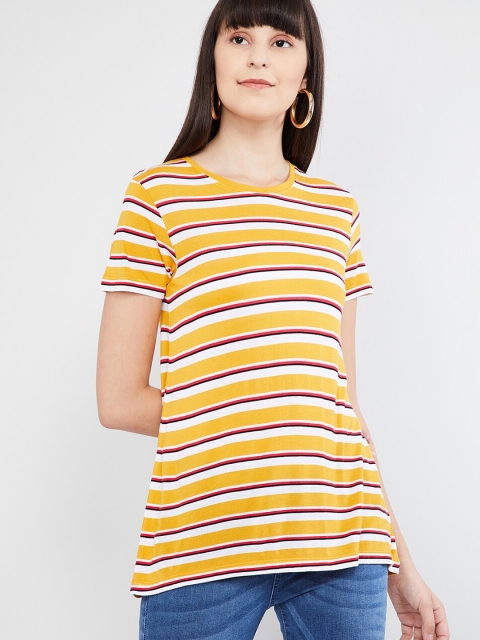 

max Women Yellow & White Striped Round Neck T-shirt