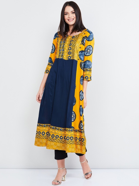 

max Women Mustard & Navy Blue Printed A-Line Kurta