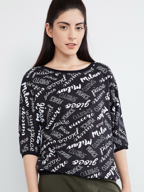 

max Women Black Printed Round Neck T-shirt