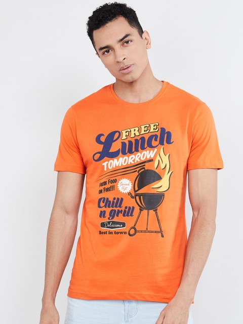 

max Men Orange Printed Round Neck T-shirt