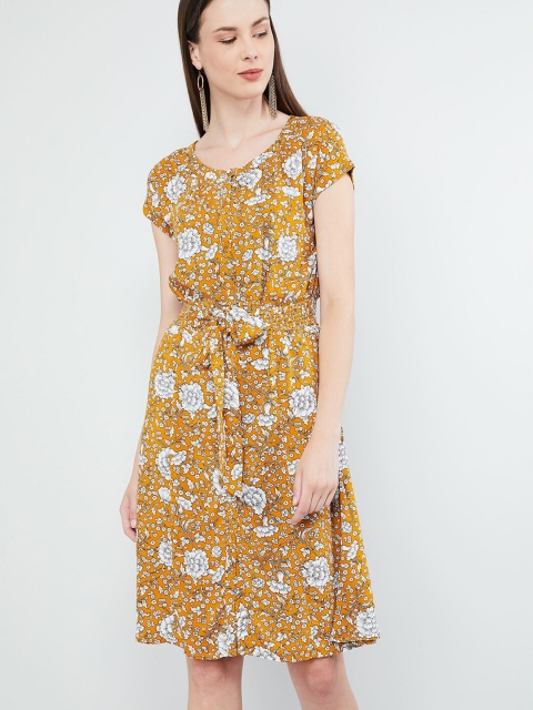 

max Women Mustard Yellow & White Floral Printed Sheath Dress