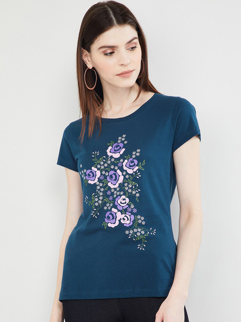

max Women Blue Floral Printed Round Neck T-shirt