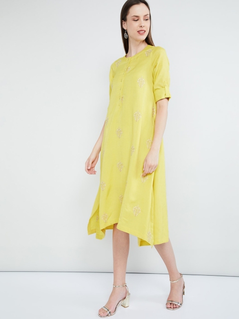 

max Women Yellow & White Floral Embroidered A-Line Dress