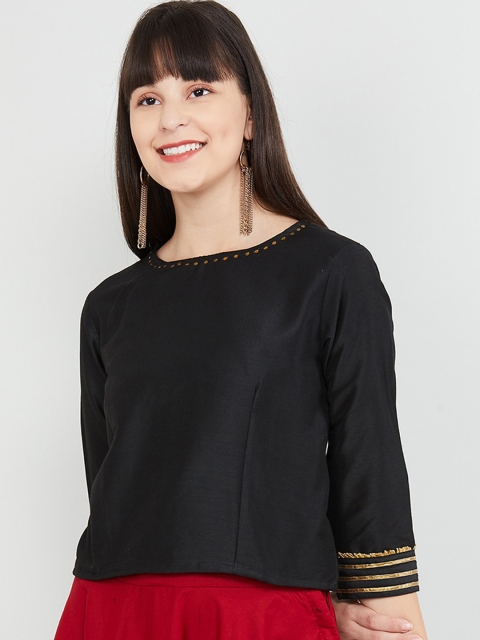 max Women Black Solid Top with Embellishments