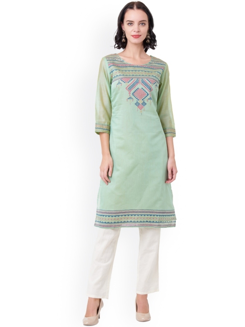 

IMARA Women Green Embroidered Straight Kurta