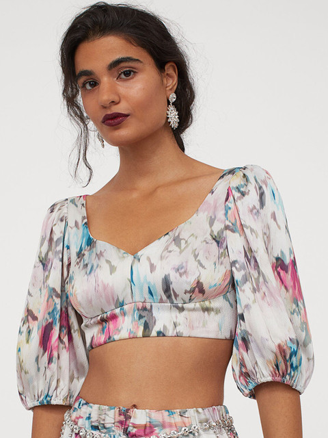 

H&M Women Multicoloured Puff-Sleeved Top, Multi