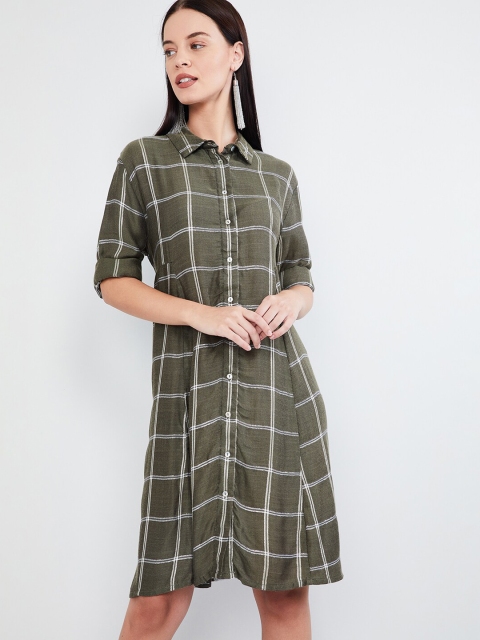 

max Women Olive Green & White Checked Shirt Dress