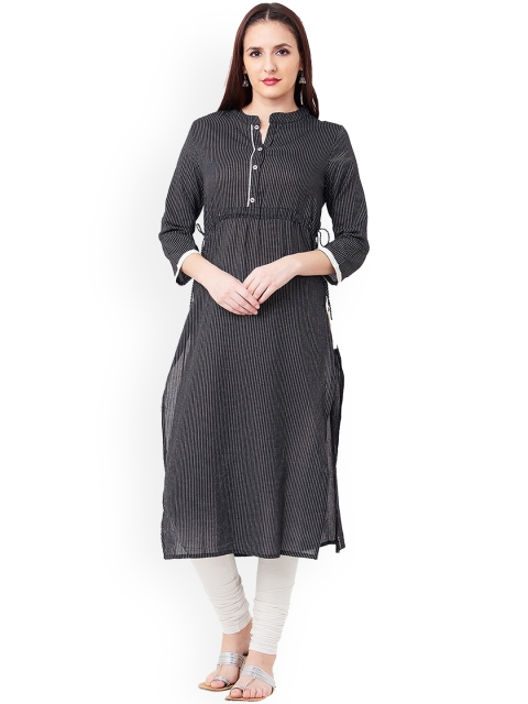 

IMARA Women Black & Off-White Striped Straight Kurta