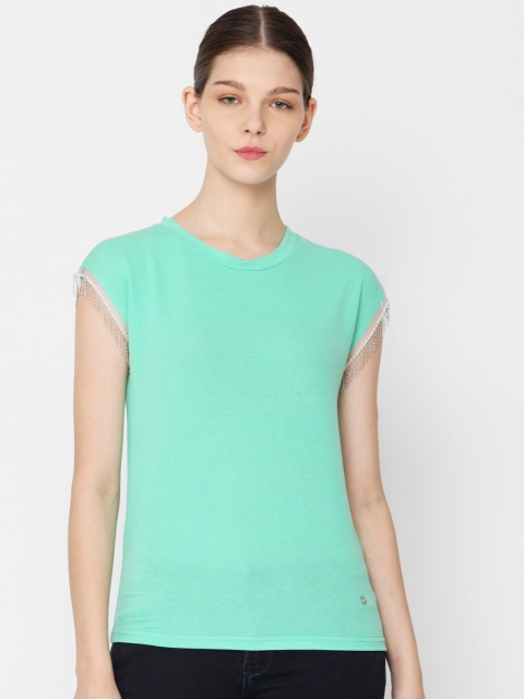 Deal Jeans Women Green Solid Round Neck T-shirt