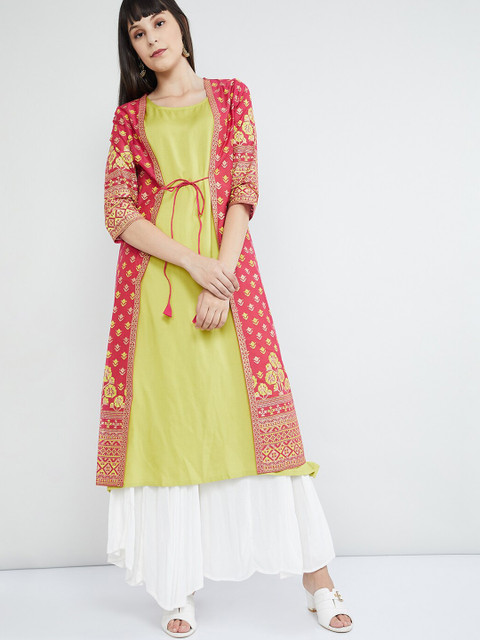 

max Women Lime Green & Pink Solid A-Line Kurta & Jacket