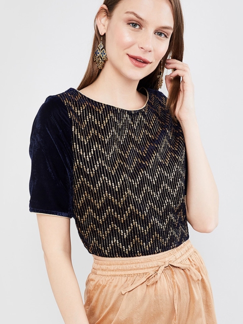 

max Women Navy Blue Embroidered Top