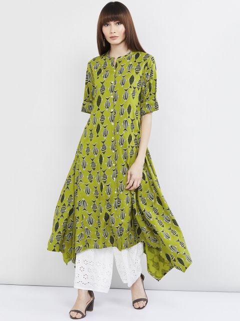 

max Women Green & White Printed A-Line Kurta