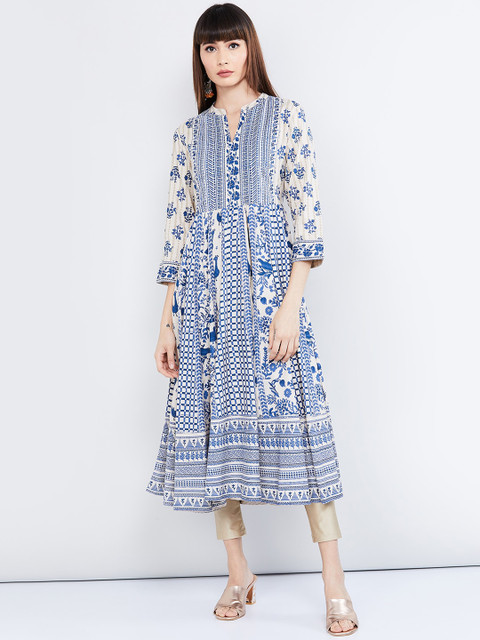 

max Women Cream-Coloured & Blue Printed Anarkali Kurta