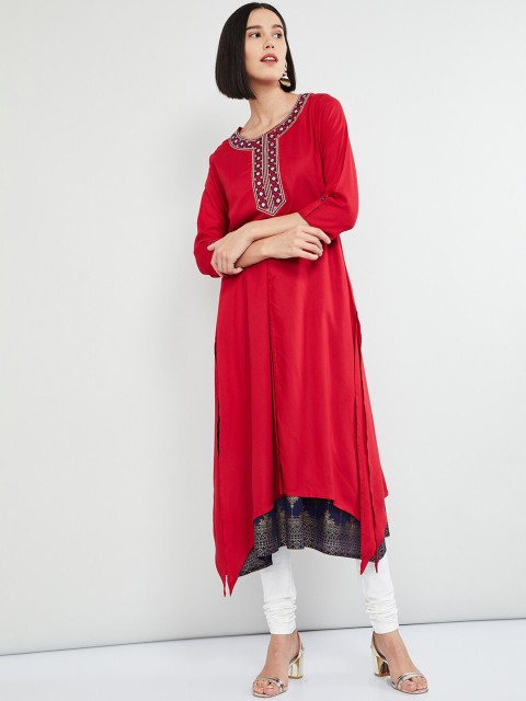 max Women Navy Blue & Red Yoke Design Straight Layered Kurta