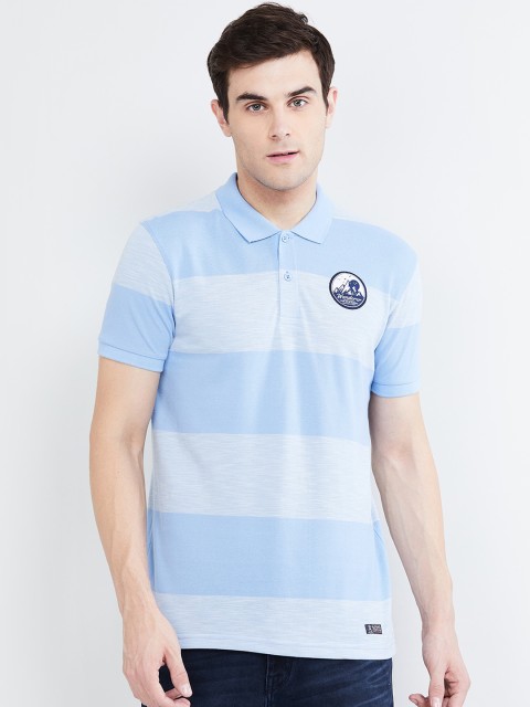 

max Men Blue Striped Polo Collar T-shirt