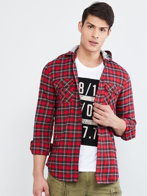

max Men Red Slim Fit Checked Casual Hooded Shirt