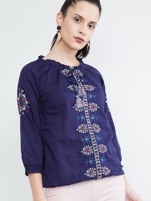 

max Women Navy Blue Embroidered Top