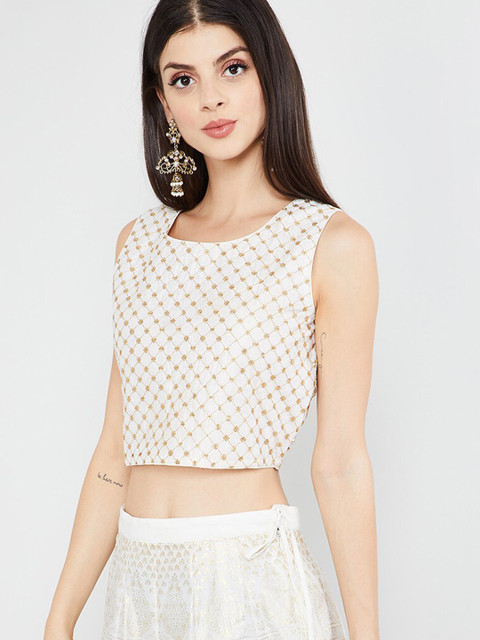 

max Women Off-White & Gold-Coloured Sequin Embroidered Crop Top