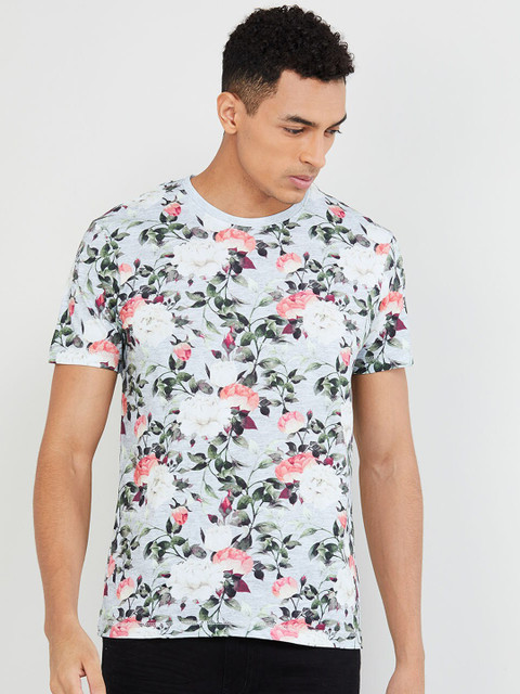 

max Men Grey & Pink Floral Printed Round Neck Slim Fit T-shirt