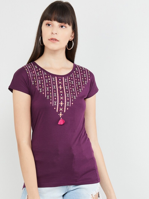

max Women Purple & White Printed Extended Sleeves T-shirt