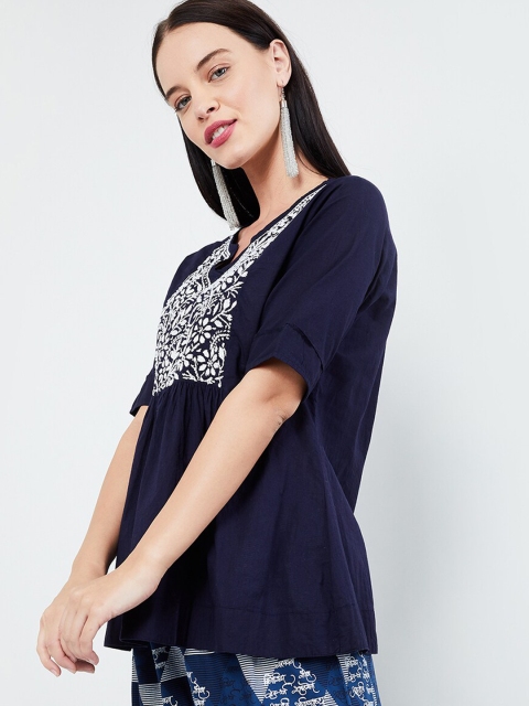 

max Women Navy Blue Self Design Embroidered Top