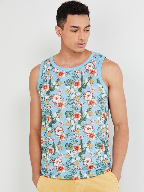 

max Men Blue & Orange Floral Printed Round Neck Slim Fit T-shirt