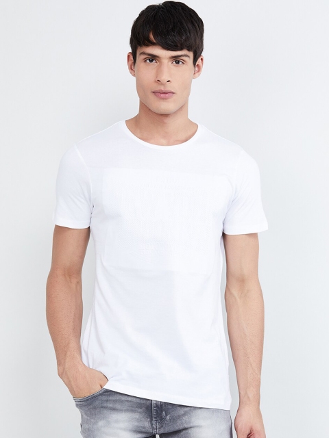 

max Men White Printed Round Neck T-shirt