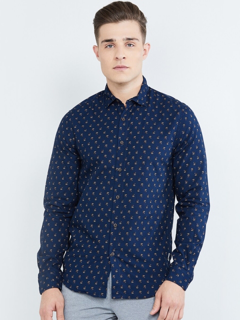 

max Men Navy Blue & Brown Floral Print Slim Fit Casual Shirt