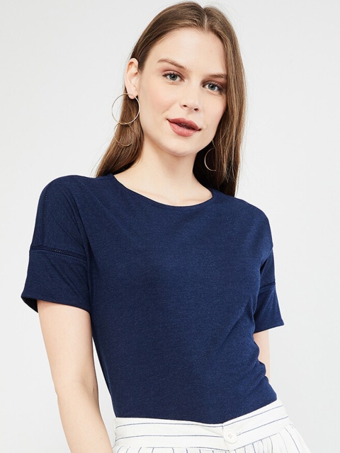 max Women Navy Blue Solid Round Neck T-shirt