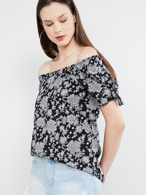 

max Women Black Floral Printed Bardot Top