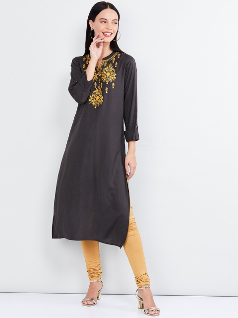 

max Women Grey & Yellow Embroidered Straight Kurta