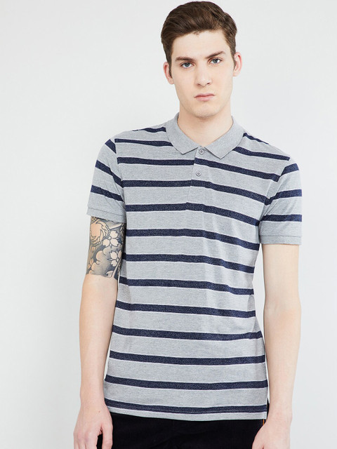 

max Men Grey Melange Striped Polo Collar T-shirt