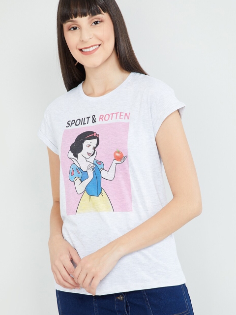

max Women Grey Melange Snow White Printed Round Neck T-shirt