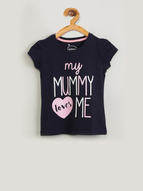 

max Girls Navy Blue & Pink Printed Puff Sleeves Top